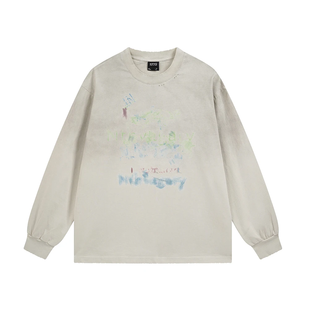 Retro Washed Print Men's T-shirt Ripped Oversized Y2k Punk Women Clothes Streetwear Cotton Vintage T Shirt Long Sleeve Tops Tee