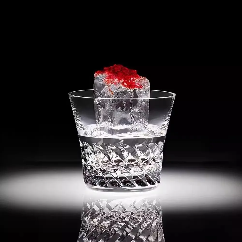 

Crystal Whiskey Glass with Angel Wing Design Japanese Engraved Pattern Thick Heavy Base Bar Cup