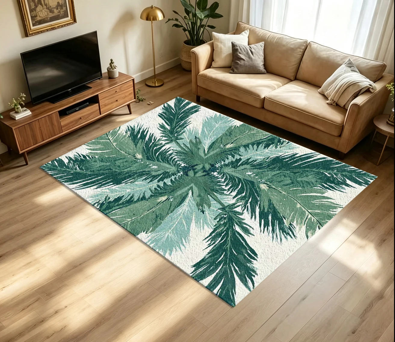 Tropical Green Palm Leaf Carpet Flooring Retro Hand Drawn Jungle Foliage Art Pattern Printed Floor Rug for Household Indoor Living Room Home Interior Decor