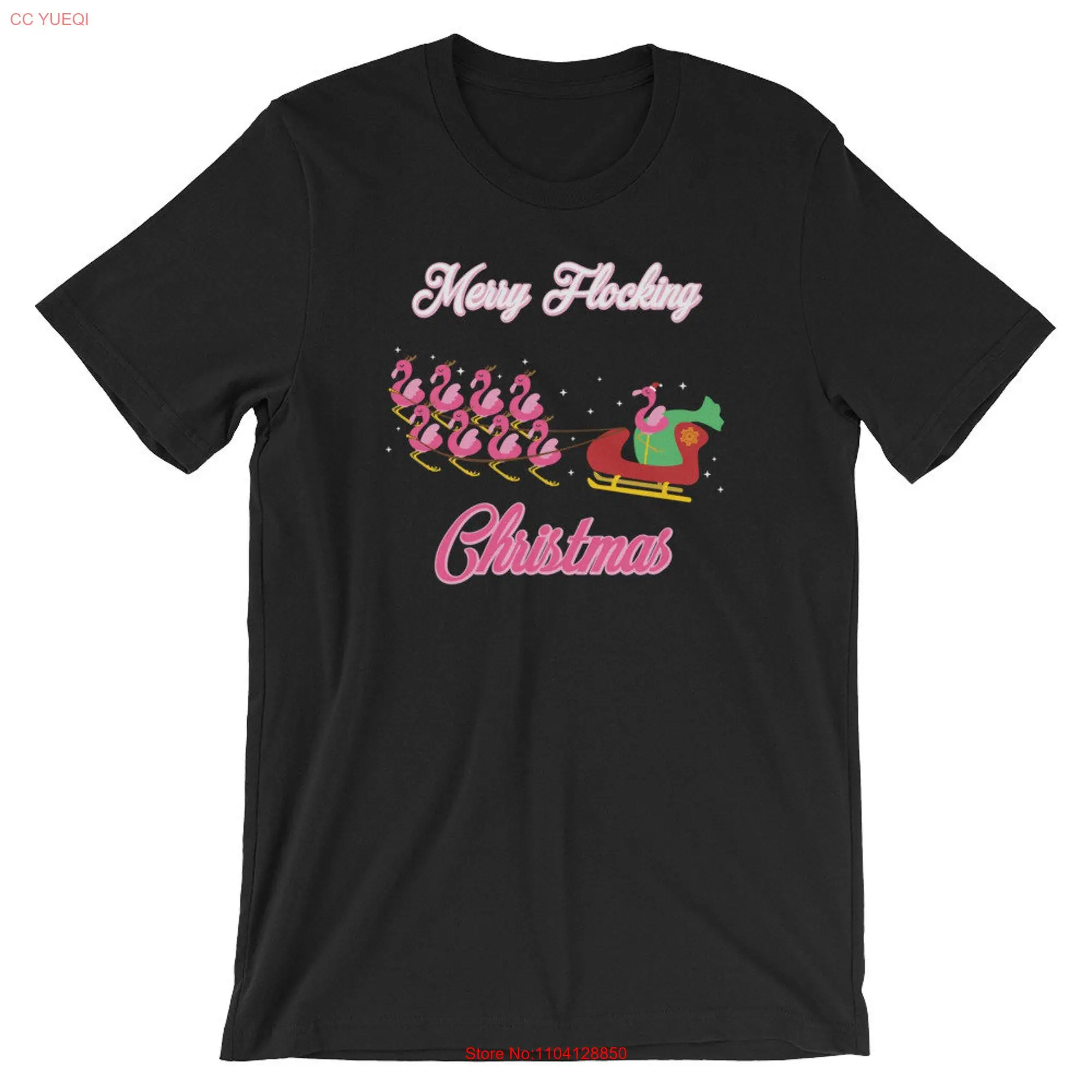 Merry Flocking Christmas T Shirt Pink Flamingo Kids Holiday Idea long or short sleeves