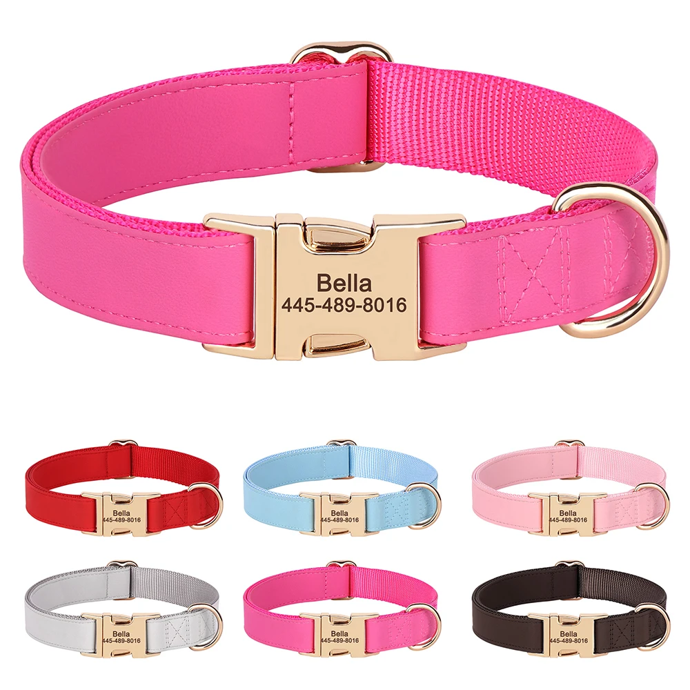 

Custom PU Leather Dog Collar Free Engraved Pet ID Collars Personalized Puppy Dogs Necklace Adjustable for Small Large Dogs Pug