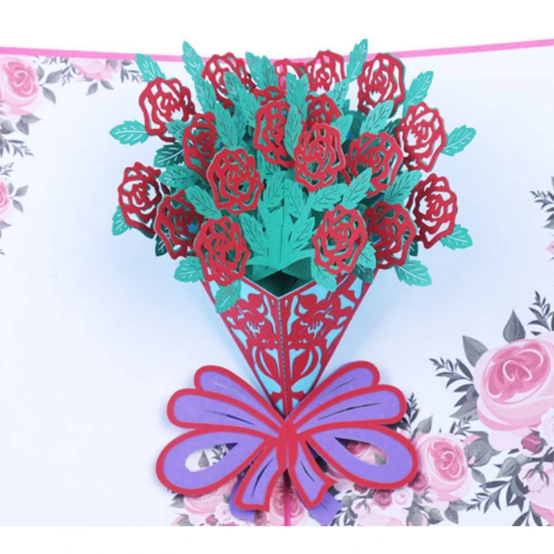 Biglietto d'auguri 3D con fiori di rose pop-up, invito a Natale, compleanno, Capodanno