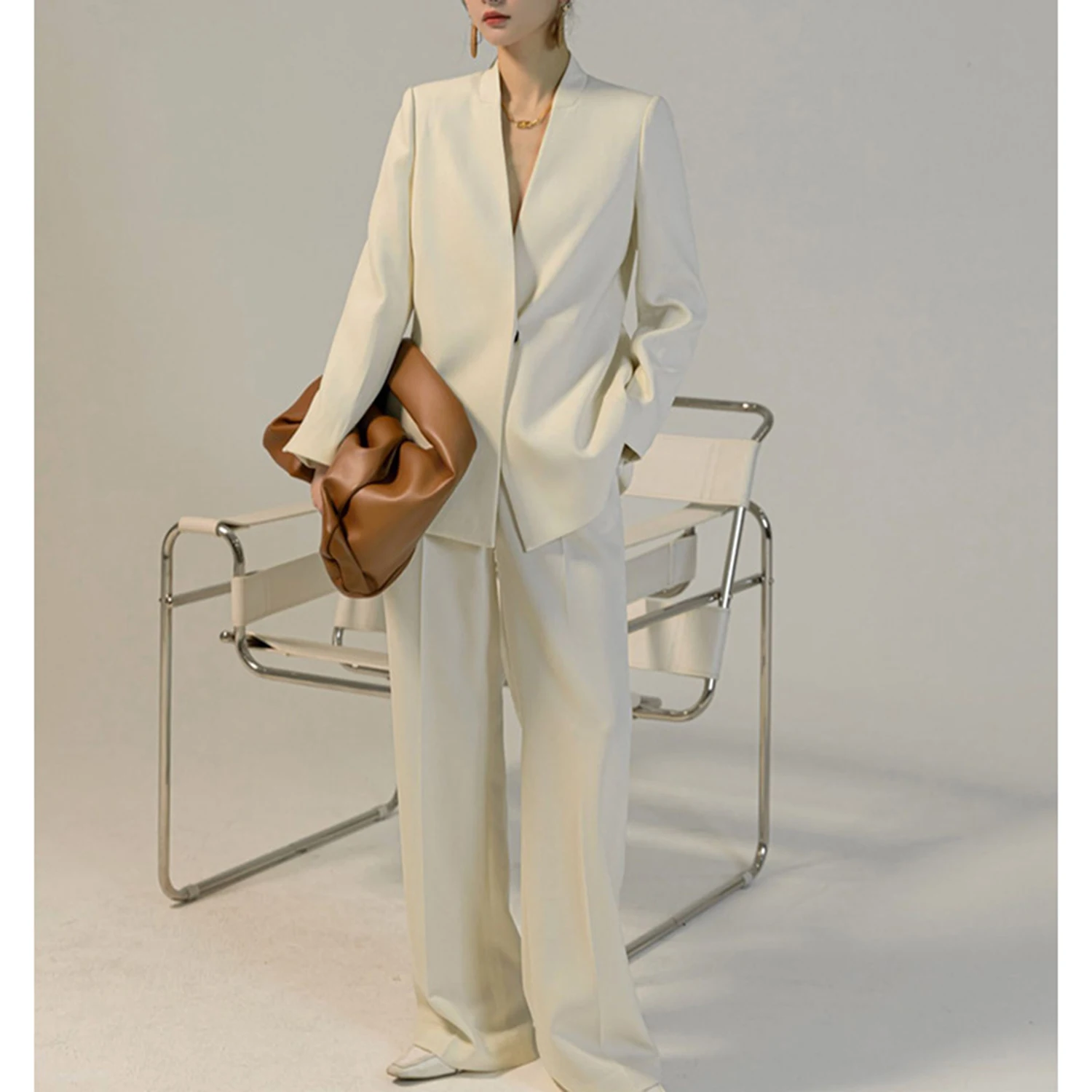 Allingentle Women's Suit Pantsuit 2 Piece Hidden Breasted Blazer & Pants Fashion Suit for Casual Office Customize