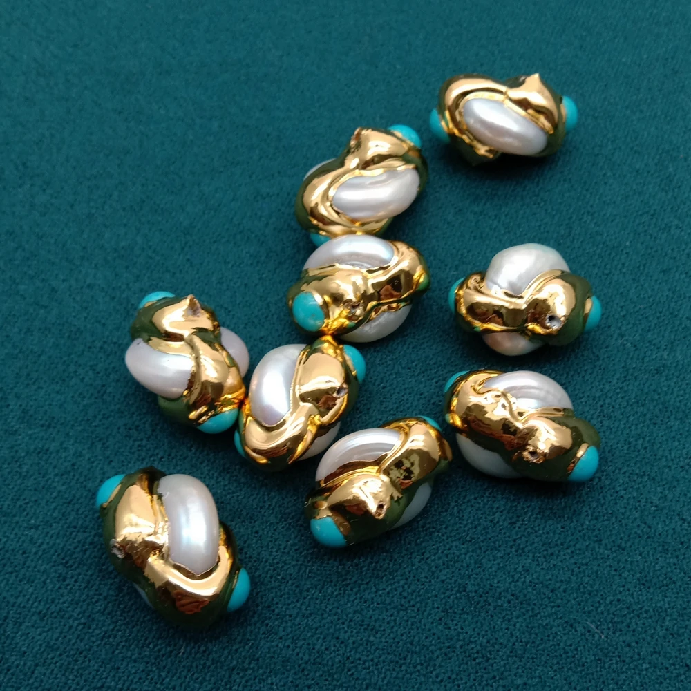 10 Pcs 13x18mm Cultured White Coin Pearl Blue Turquoise Disc Shape gold plated Beads Finding Jewelry Accessories