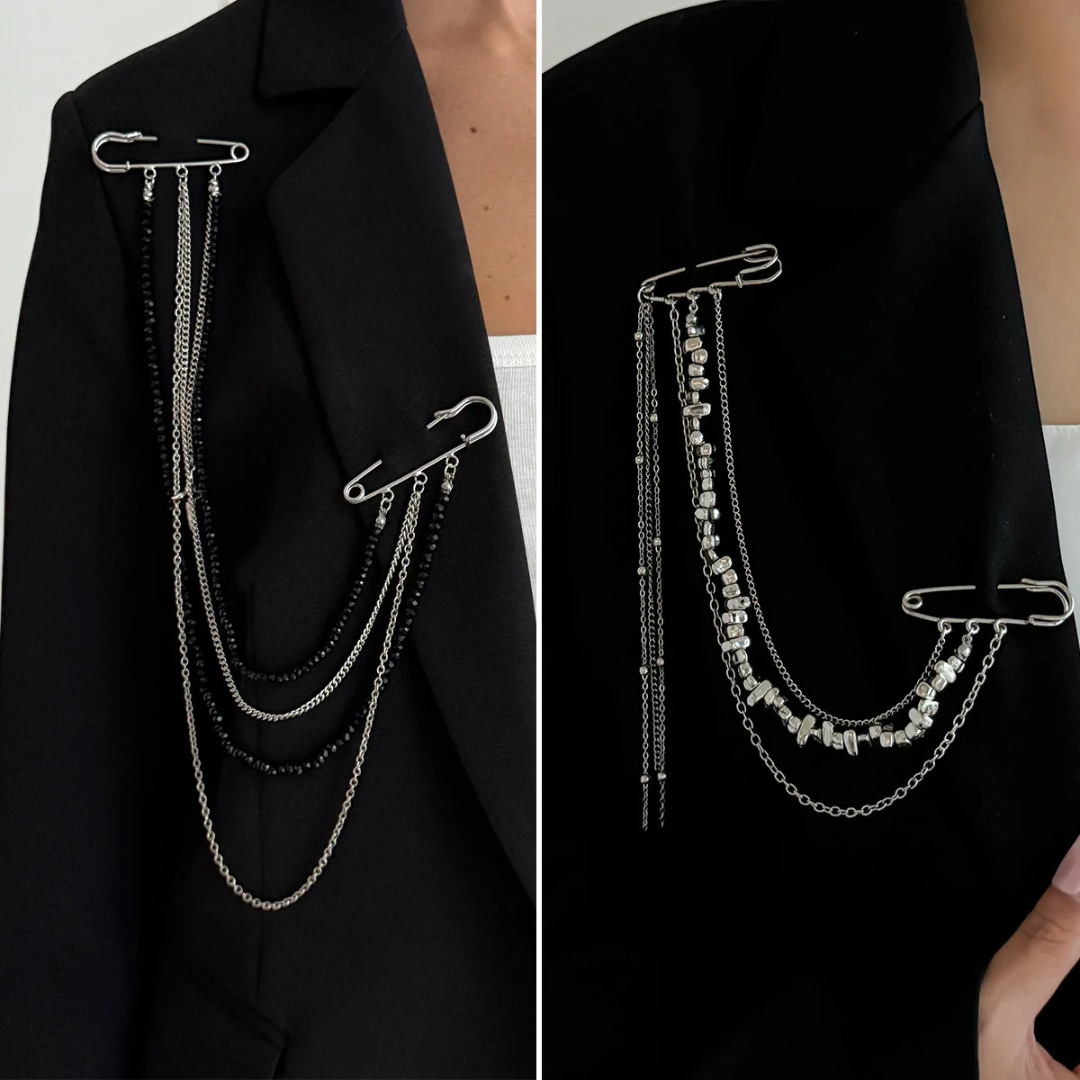 

Punk Hip Hop Long Chain Brooch Star Double Pin Suit Accessories for Men Women Fashion Beads Beaded Lapel Decorative Pins Badge