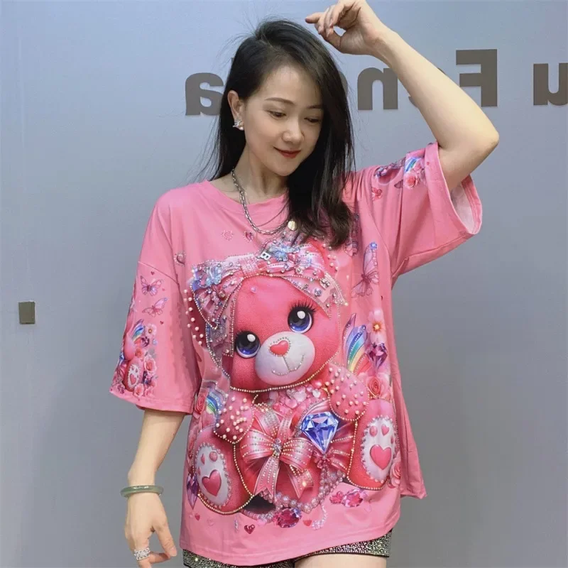 Y2k Cartoon T-shirt Heavy Industry Bead Crew Neck Short Sleeved Tshirts Women's Summer Printed Fashion Top Pullovers Kawaii Tees