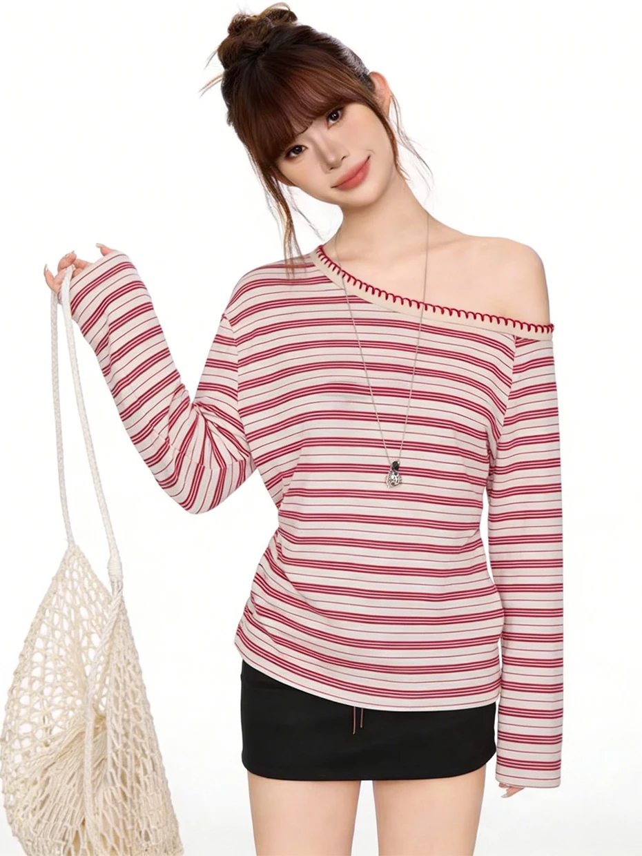 Women's Loose Long Sleeve T-shirt Stripe Design Casual Vintage Style Summer Top Shoulder Baring Detail Korean Fashion