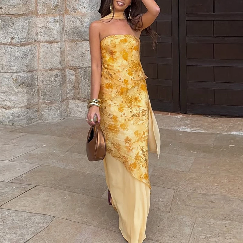 Unique Irregular Splice Top+Skirt 2pc Set Elegant Strapless Backless Ribbon Suit Trendy Print Off Shoulder Beach Vacation Outfit