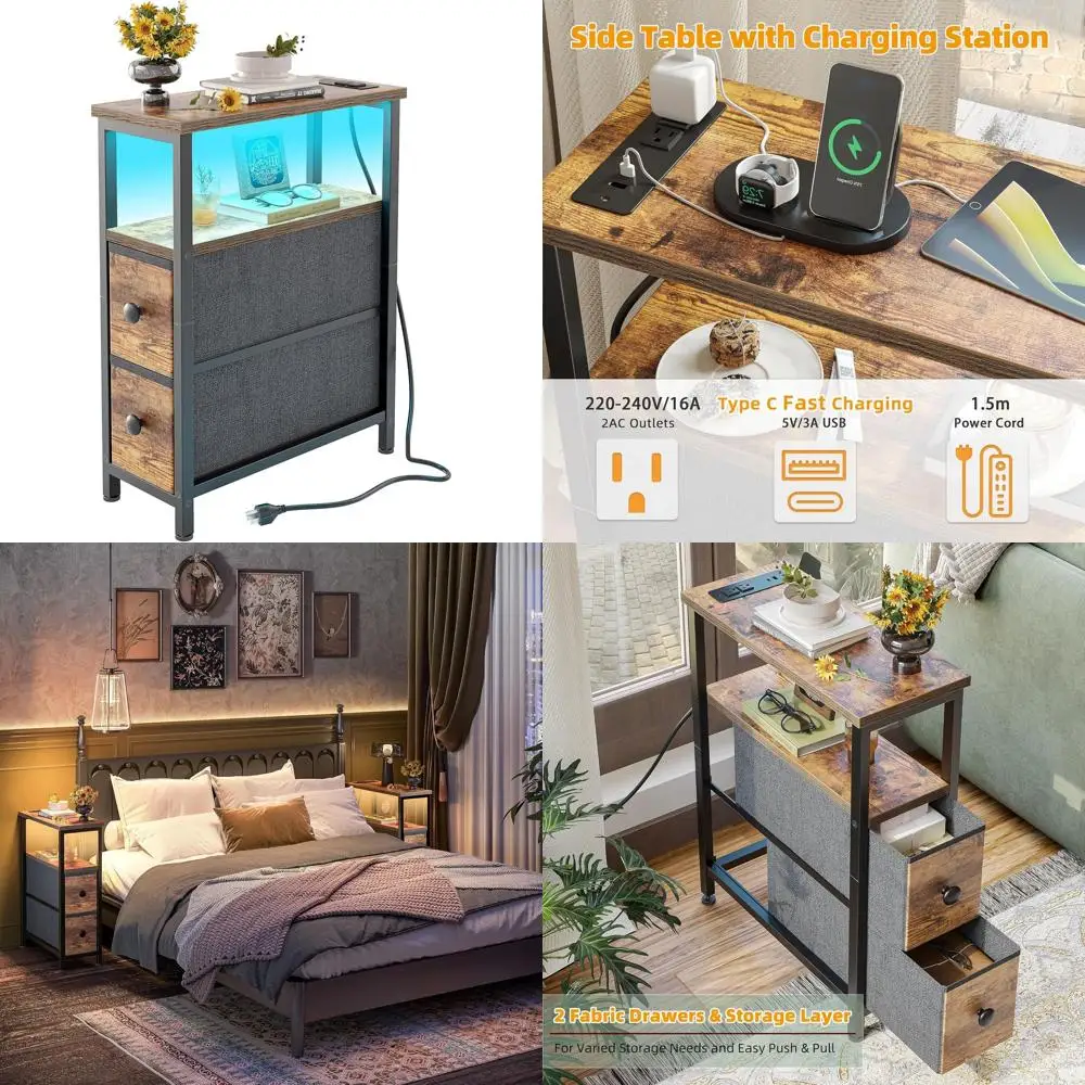 

Узкая тумбочка с выдвижными ящиками, LED-подсветкой и зарядной станцией для спальни и гостиной