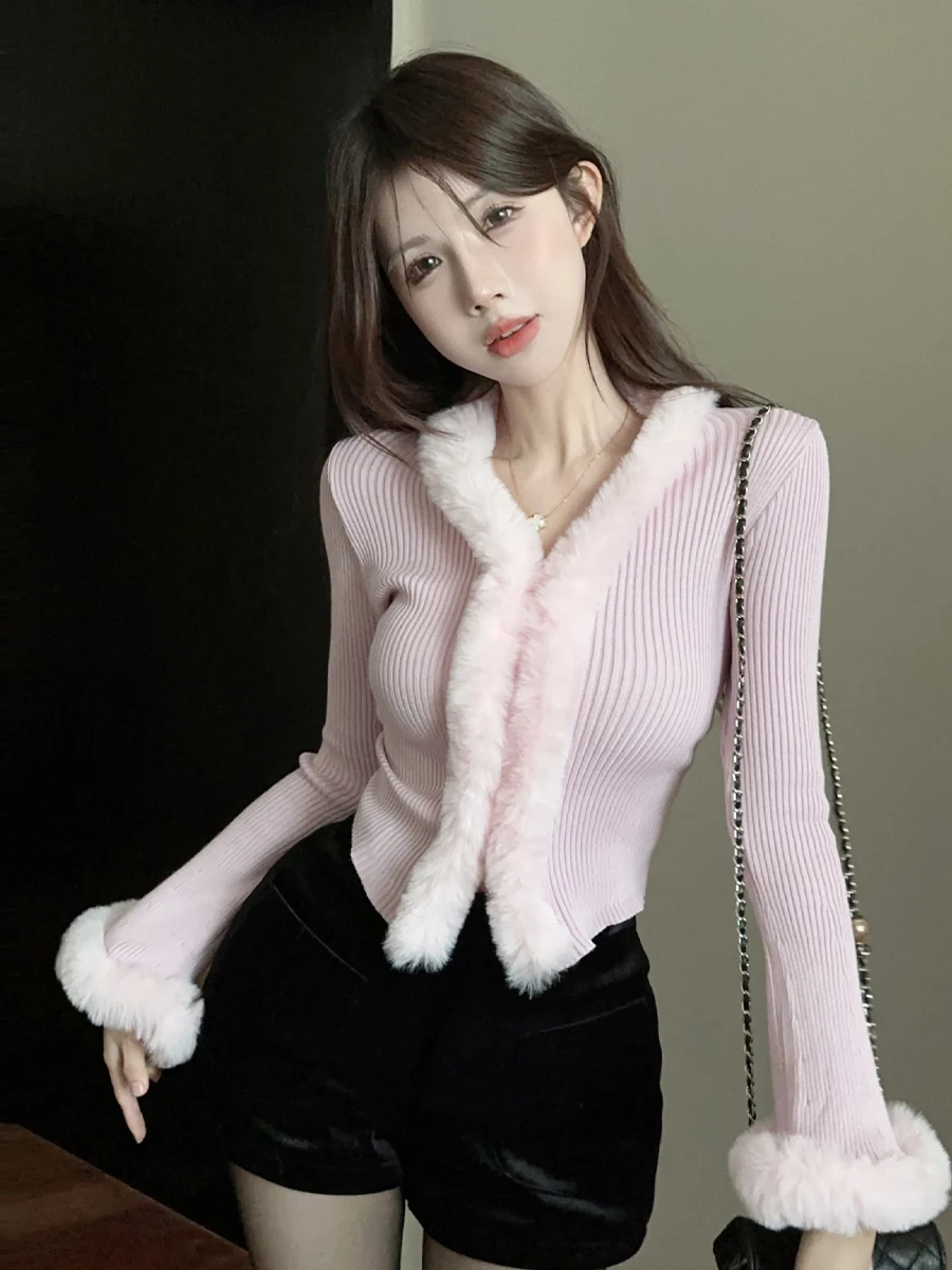 

Sli ort V-Ne Knitted Sweater Women's Retro Patchwork Fur Top Sexy Slimming Trendy Sweet Sle Long Sve Winter Clothes