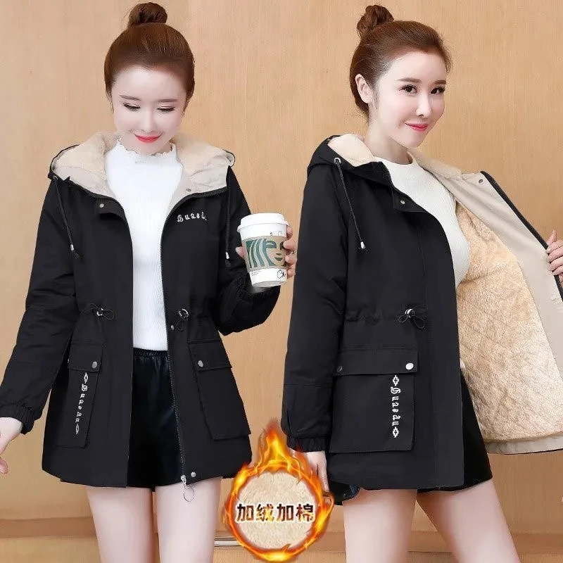 Winter Loose Hooded Thicken Fleece Lined Parkas Warm Casual Trenchcoat Korean Mid-length Coat Windbreaker Snow Jacket Outwear