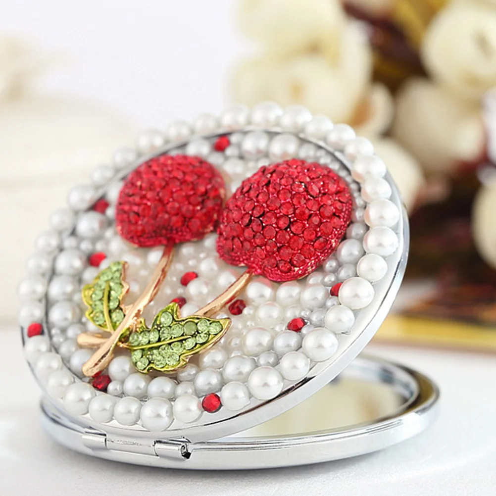 Cherry Pattern Double-Sided Foldable Small Pocket Makeup Mirror Lightweight Portable Vanity Mirror for Travel Home Use