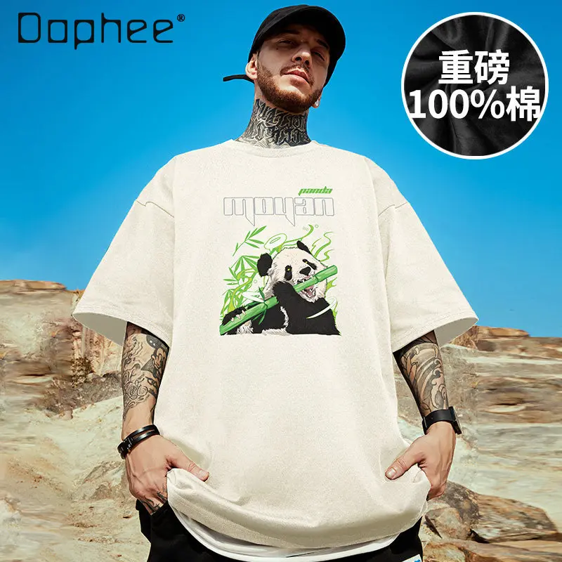 2026 Summer New Chinese Style Black White Panda Bamboo Print Oversized Drop Shoulder Round Neck Short Sleeve Plus Size T-shirt