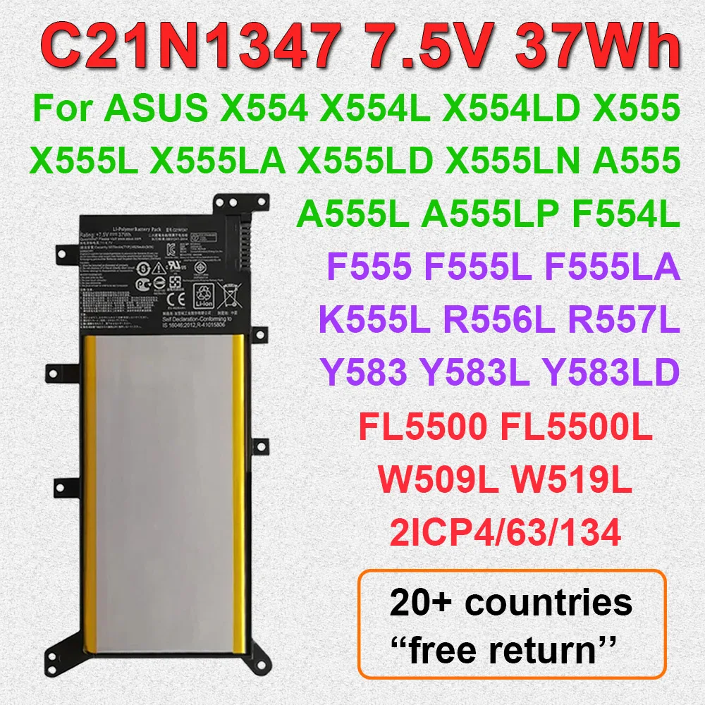 For ASUS X554 X554L X555 X555L X555LA X555LD F554L F555L K555L A555L R556L Y583L W509L W519L Laptop Battery C21N1347 7.5V 37Wh