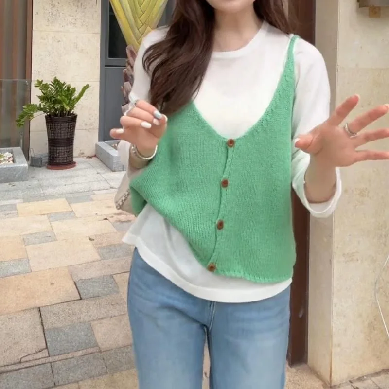 Women's Short Beige Green Red Sweater Vest Spring Autumn Yellow Gray Black Knitted Vest With Button Sleeveless Cardigan Crop Top