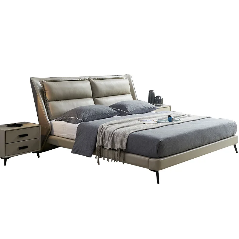

Italian minimalist leather bed, modern simplicity, Nordic master bedroom light luxury leather bed