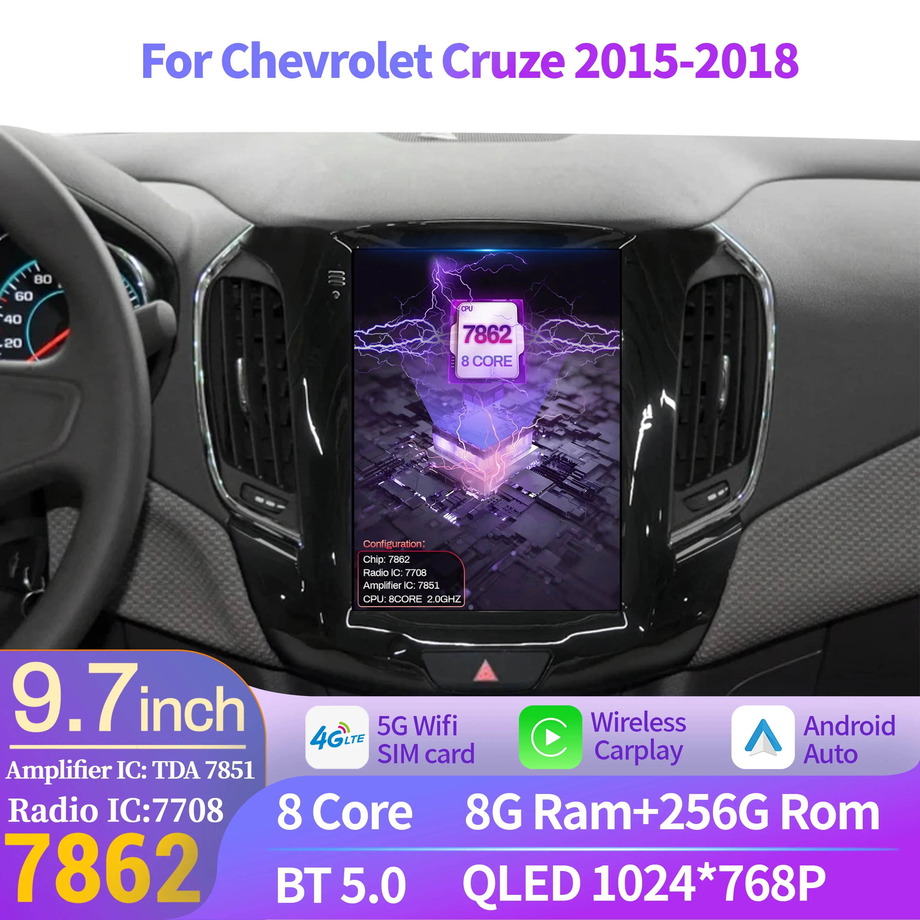 9.7″ For Chevrolet Cruze 2015-2018 Bright Black Car Radio Multimedia Wireless Carplay Android 14 4G GPS Head Unit QLED Screen