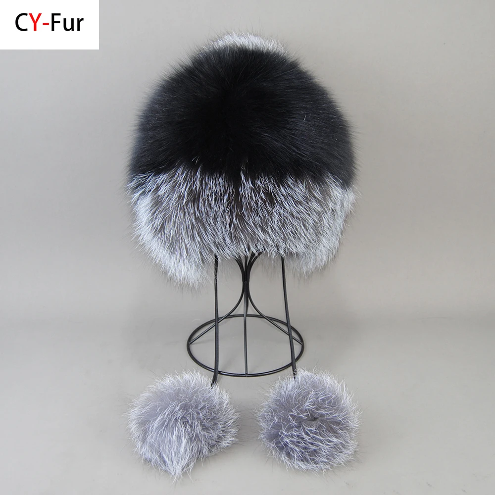 Women Winter Ushanka Hats Bomber Russian Woman Fluffy Trapper Natural Fox Fur Cap Warm Round Ladies Real Fox Fur Hat