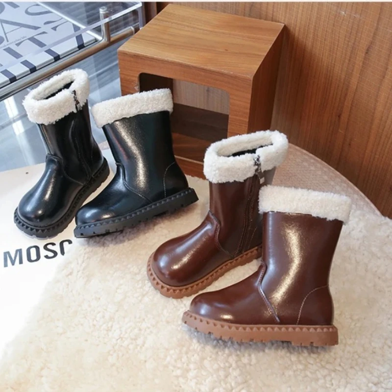 Girls' Wool Boots 2026 Winter Children's Breathable Lining Boots Anti Slip Side Zipper Fashionable Retro Snow Shoes Girls' Boots