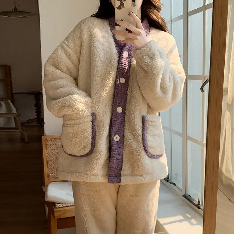 

coral fleece Women's pajamas autumn winter Pajama solid color flannel new model keep warm homewear thicken fleece-lined suit