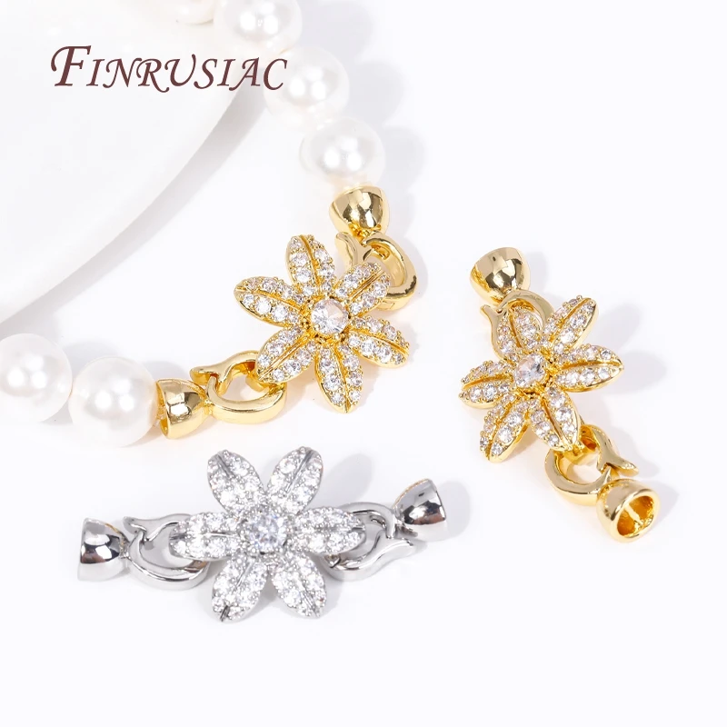 18K Gold Plated Inlay Zircon Flowers Connector Clasps For Pearl Necklace Supplies, Beads Clasps Fastener DIY Jewelry Making