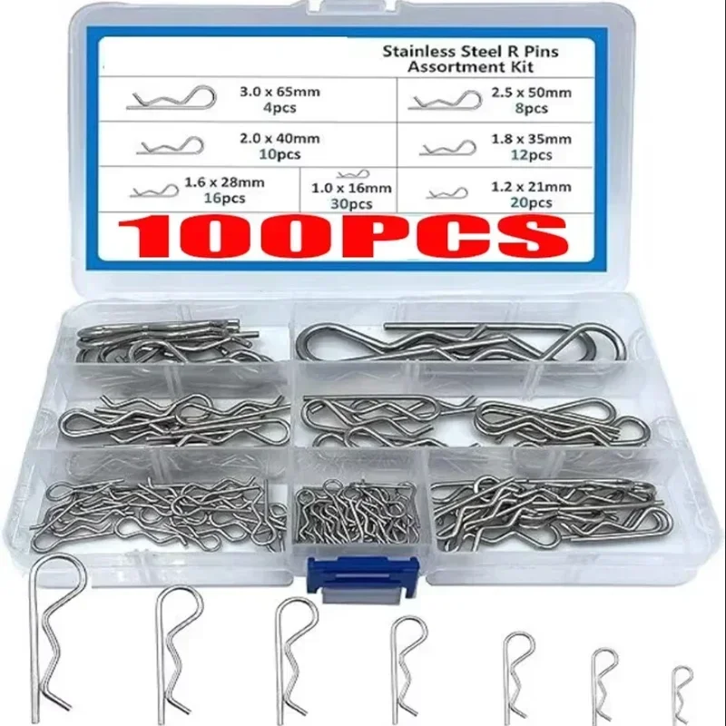 100pcs Stainless Steel Cotter Pin Kit R Clip Split Pins and Wave Spring Pins Assortment for Automotive Machinery Repair