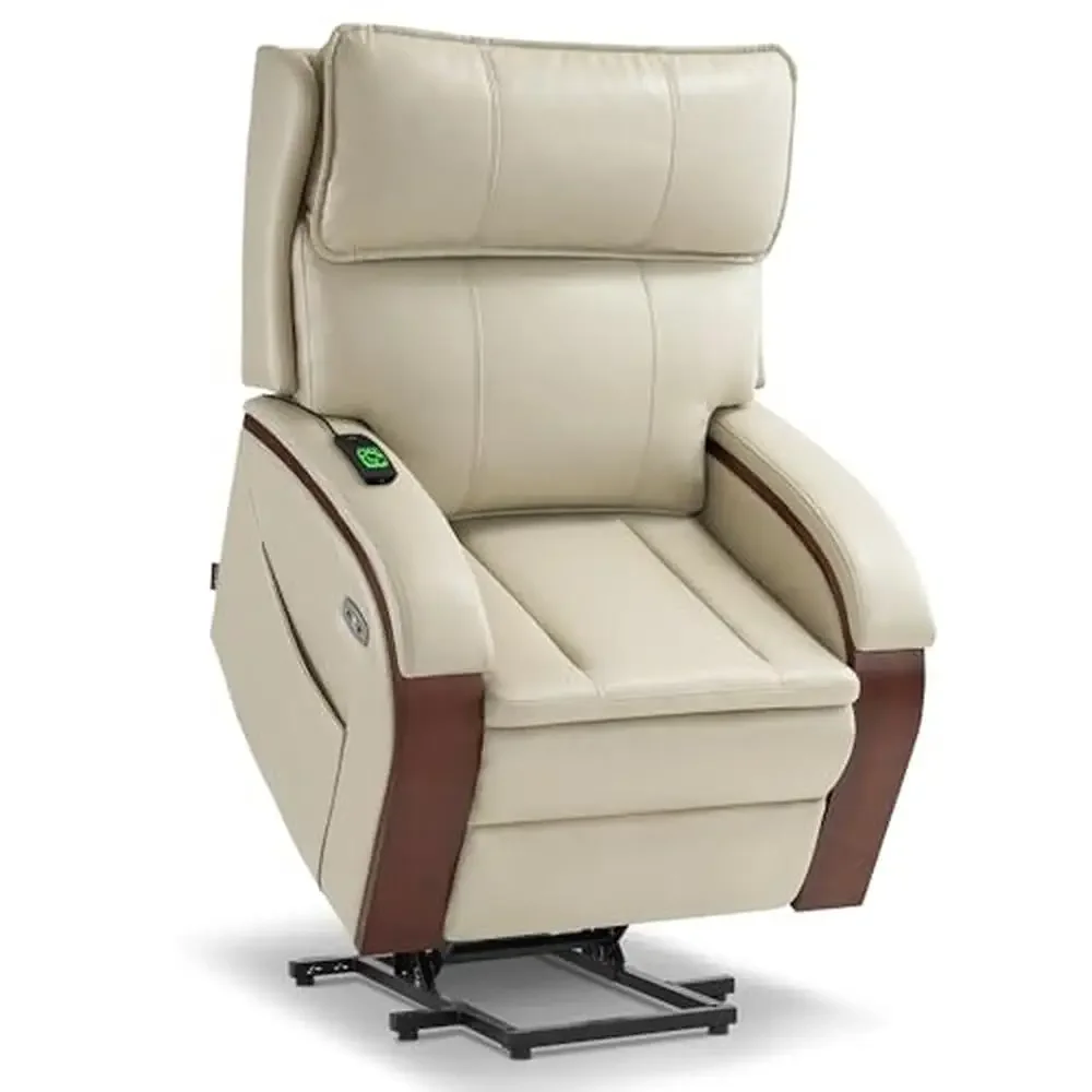Cadeira reclinável com elevador elétrico, sofá, massagem, encosto de cabeça ajustável por calor, apoio de braço de madeira sólida para idosos, portas usb, bolsos laterais, vibração