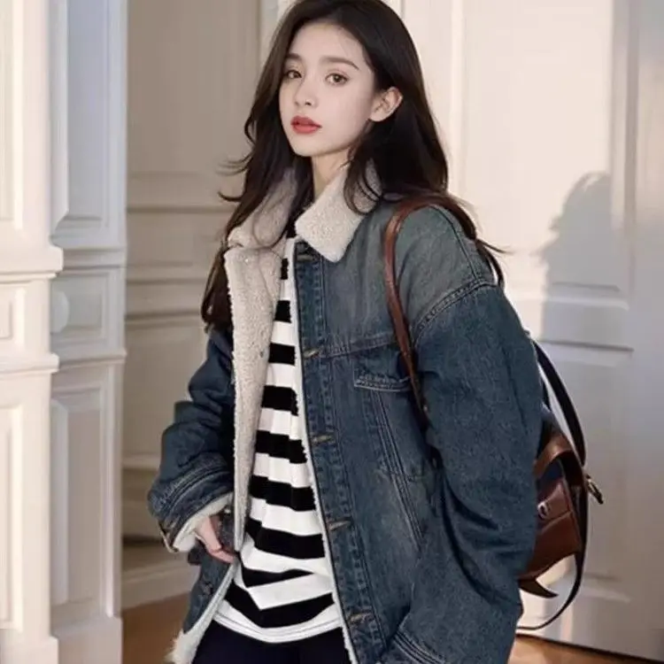 

Denim Coat Long Sleeve Woman Fur Plush Womens Autumn Boxy Fit Minimalist Street Trend Urban Office Anti-Wrinkle Corduroy Quilted