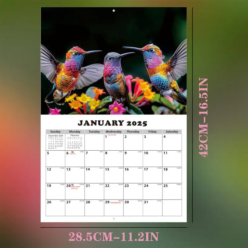 Calendrier mural imprimé colibri, décoration pour zone de travail, salon, 12 mois, 2025