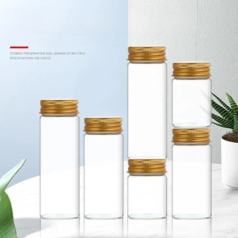 10pcs 20ml 30ml 50ml 60ml 37mm Test Tube Bottle with Gold Aluminum Cap Glass Sample Bottle Transparent Spices Candy Containers