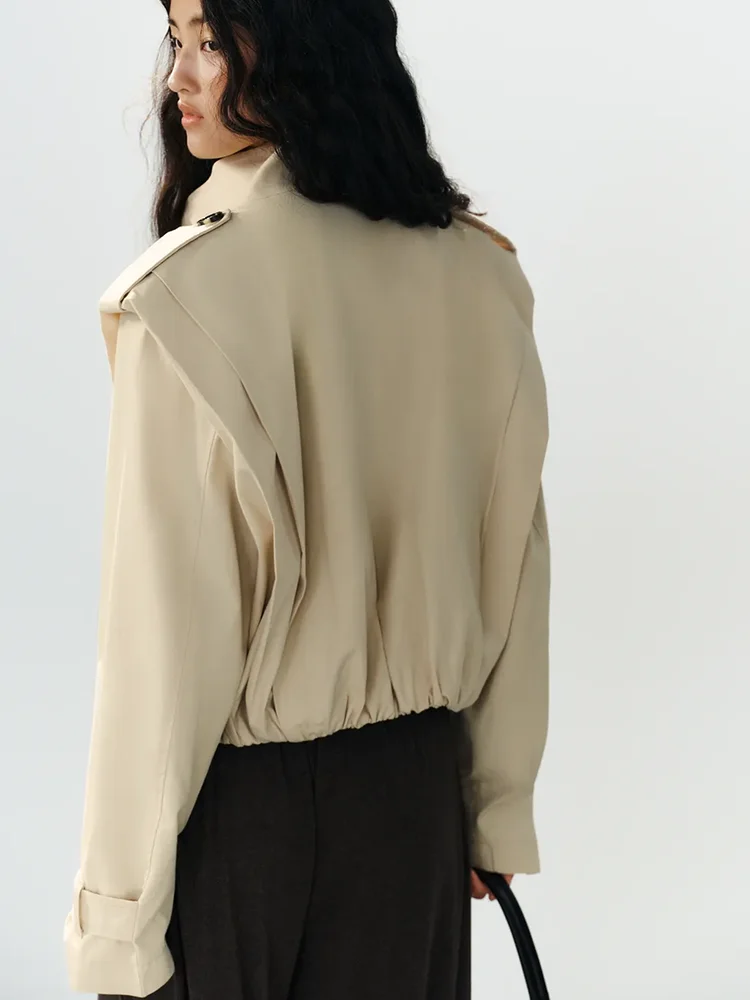 New Arrival Autumn Women's Double-Button Long-Sleeve Stand-Collar Pleated Short Coat Jacket Commute Style Standard Edition