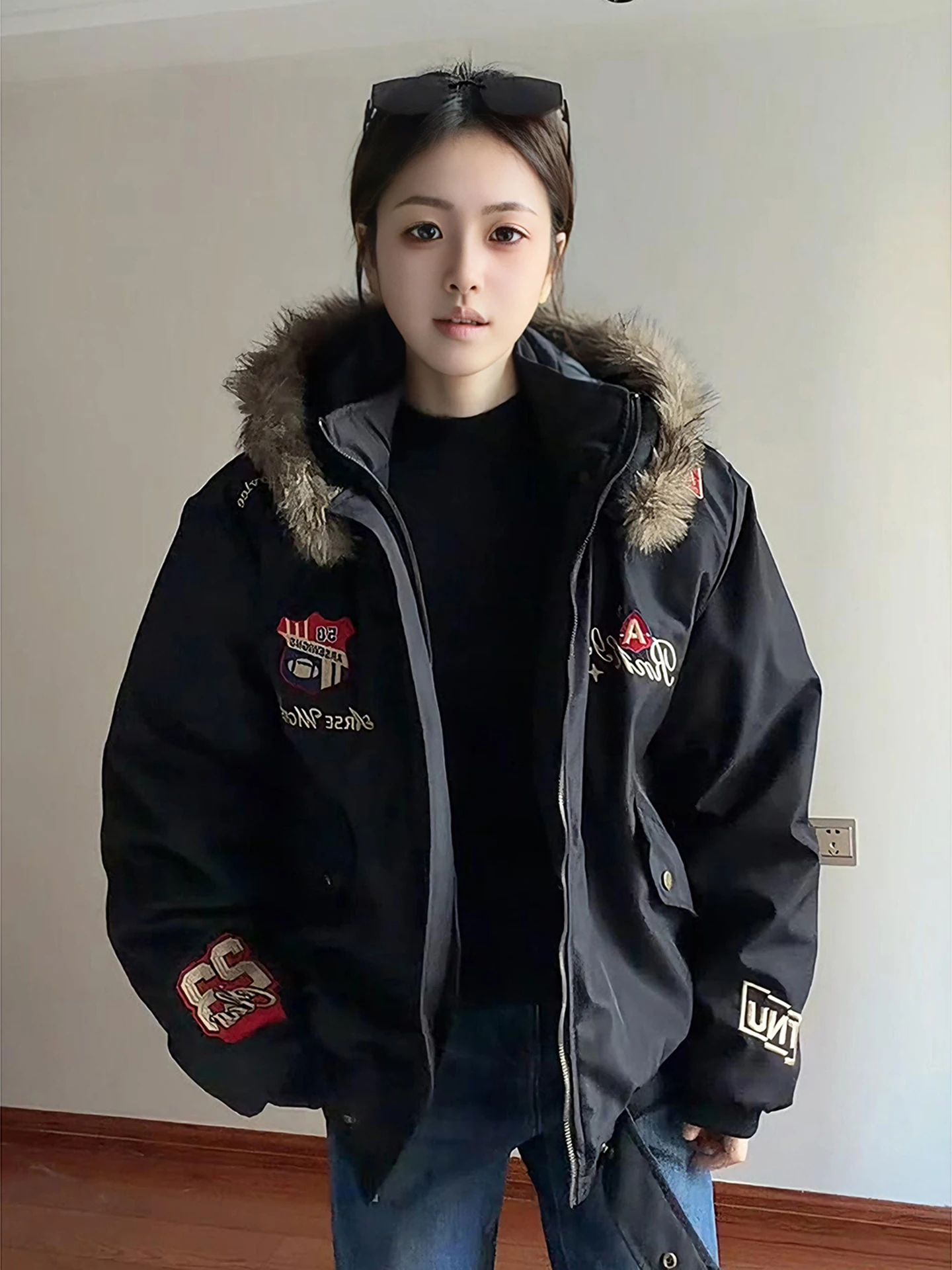 

Detachable Fur Collar Cotton Jaet ex Winter Flight Parka Vintage Bae Racing Suit Cotton Coat Warm Thiened Youth Fas...