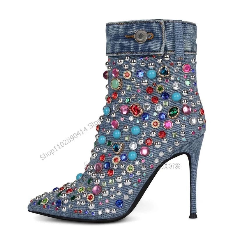 Blue Denim Colorful Beads Crystal Decor Ankle Boots Button Strap Women Shoes Thin High Heels Fashion 2023 Zapatos Para Mujere