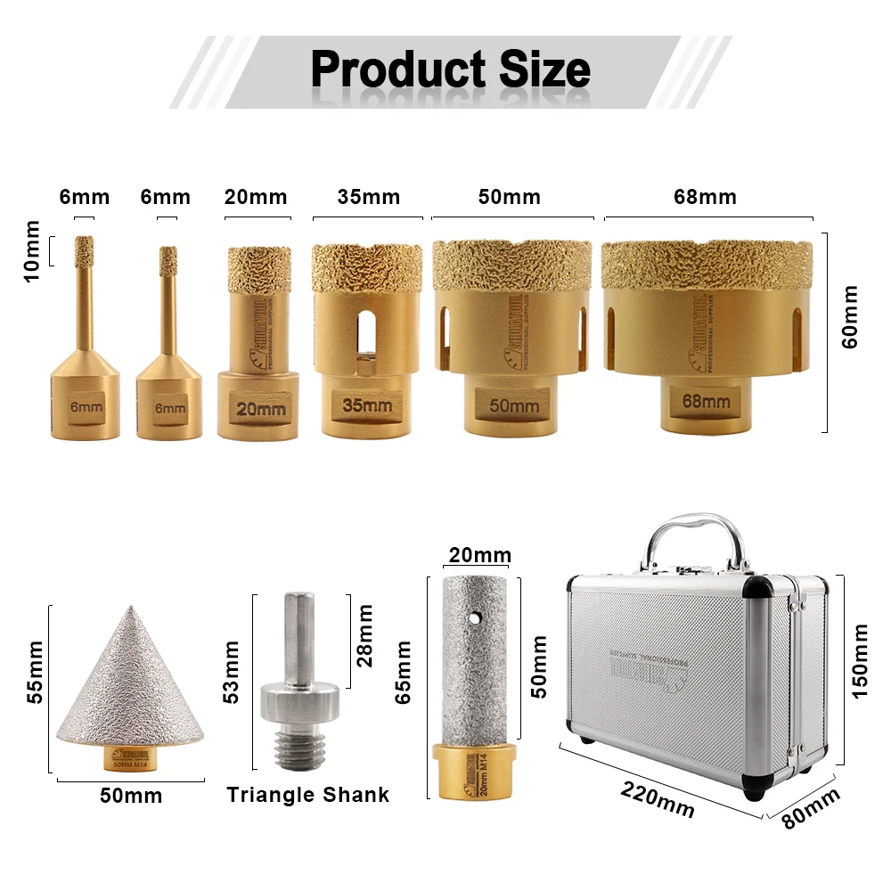 Imagem -06 - Shdiatool Pcs Box Kit Bits Diamante Broca M14 20 35 50 68 mm de Perfuração Coroa Mais 20 mm Fresagem Dedo Bit Mais 50 mm Chanfro Mais Adaptador