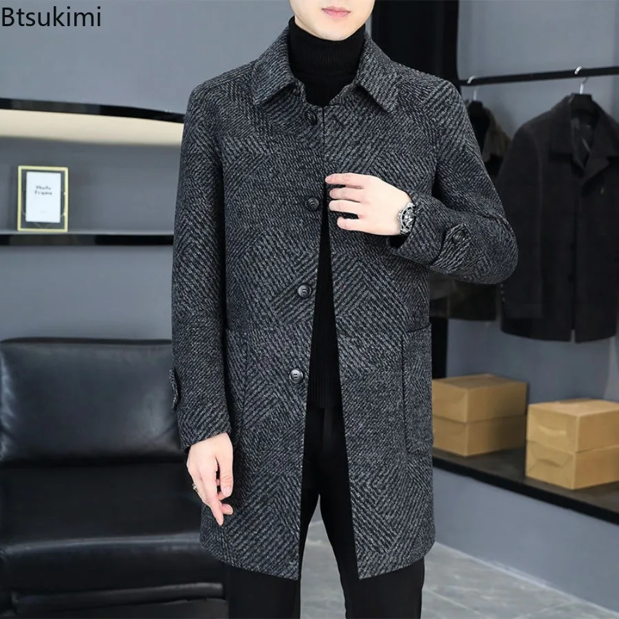 2026 New Men's Fashion Lapel Slim Single Breasted Trench Coats Mid-Length Double Side Woolen Overcoats Autumn Winter Men Clothes
