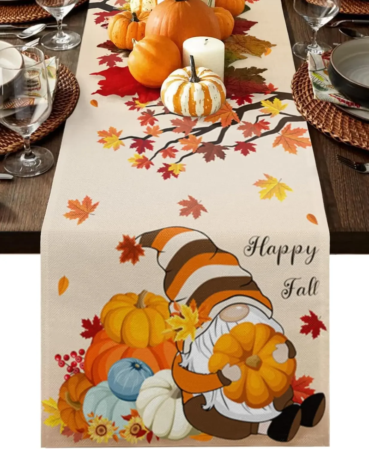 1Pc Autumn Gnome Pumpkin Table Runner Beige Happy Fall Leaf Print Table Cover For Dining Kitchen Desk Decoration Tabletop Decor