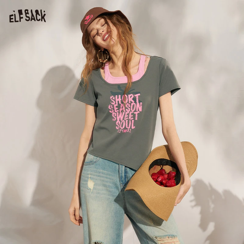 

ELFSACK Women's Strawberry Letter Print Ribbed Knit T-Shirt, Cute Slim Fit Casual Streetwear Crop Top, 2 Colors Available