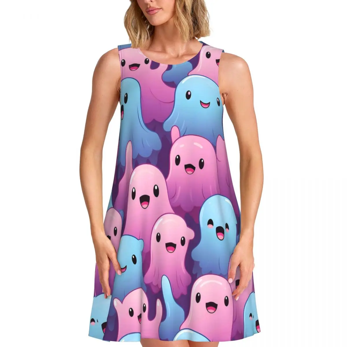 Pink Ghost Dress Cartoon Ghosts Print Kawaii Dresses Woman Sleeveless Street Fashion Tank Dress Summer Pattern Oversize Vestidos
