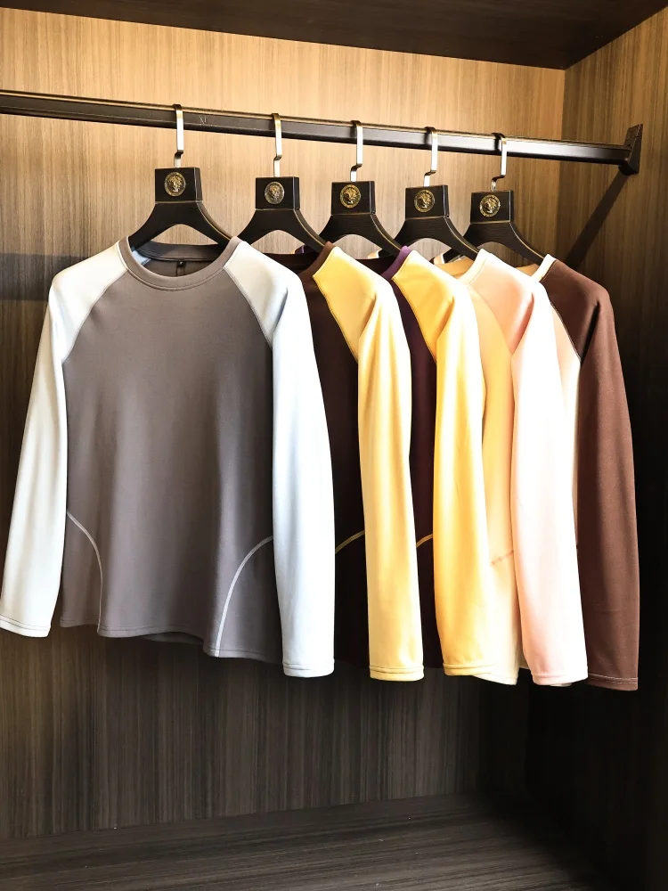 

Double-Sided Velvet round Ne Base irt for Men Breathable Splice Warm Moisture-ng Autumn Winter Faion T-irt