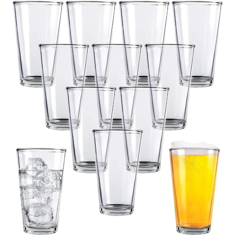 

Pint Beer Glasses Set of 12 – 16 oz Tall Clear Drinking Glasses and All Purpose Tumblers – Heavy Base Cocktail,Water,Juice Glass