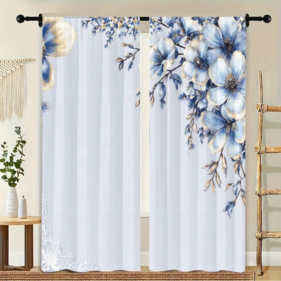 2PCS Digital Printed Curtains, Lace Blue Flowers Delicate Vintage Floral, Window Drapes for Living Room Bedroom Home Decoration