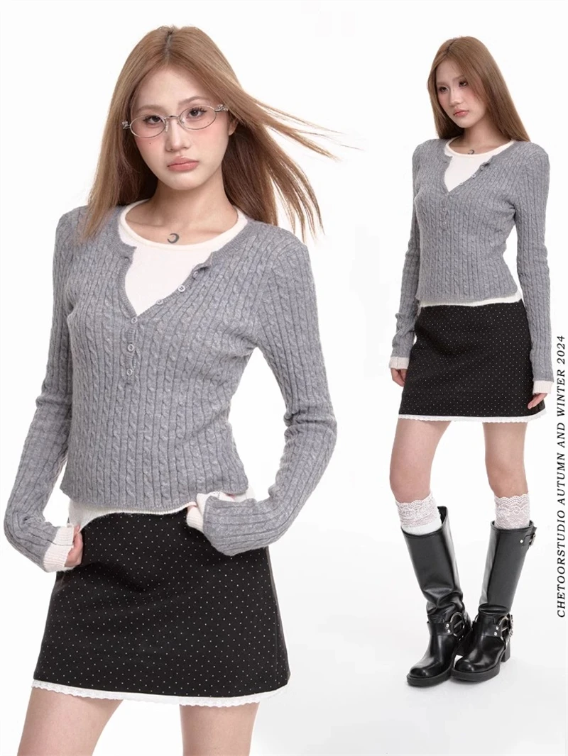 

FIGOHR популярный шикарный вязаный свитер с длинными рукавами «два в одном» контрастного цвета серого/черного/красного цвета, модный осенне-зимний многослойный топ