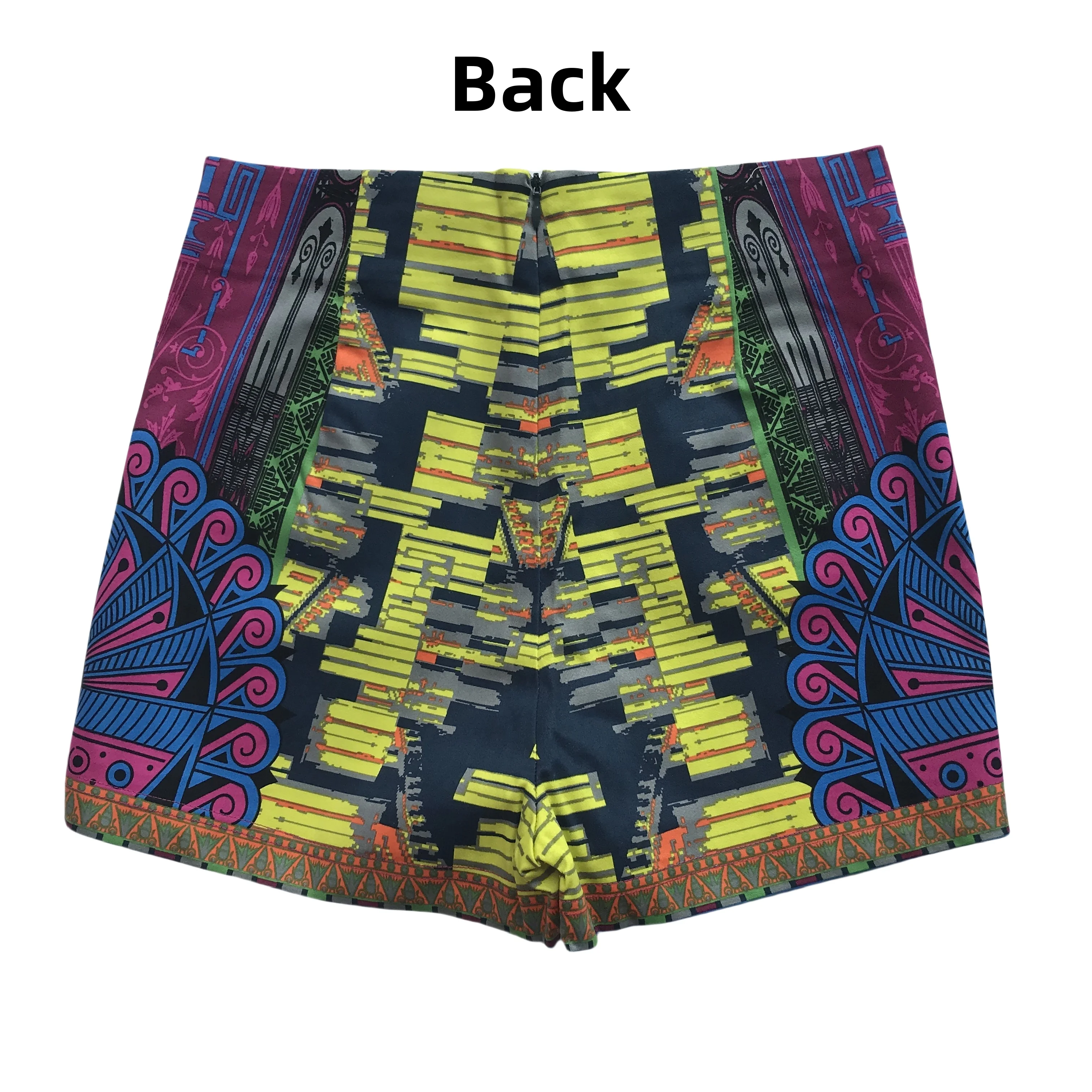 Women's Multi-colored Boho Print High-waisted Back Zip Close Stretch Hot Pants Park Shorts with A Bohemian Eclectic Aesthetic