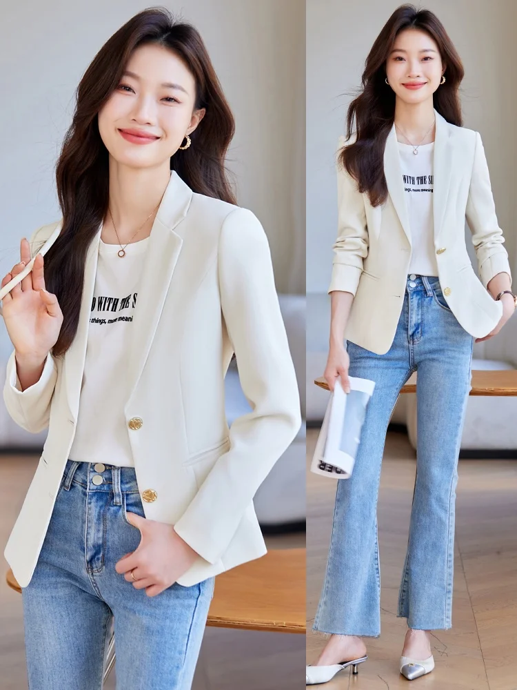 

Белое приталенное женское пальто с длинными рукавами, весна 2026, новинка в корейском стиле, повседневное, премиум-класса, укороченное, модное