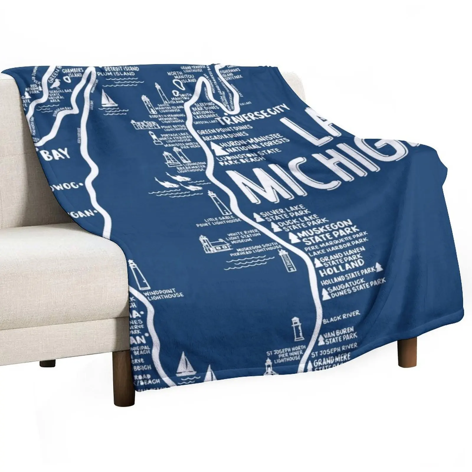 

Lake Michigan Map Throw Blanket halloween Decorative Sofas Camping Kid'S Blankets