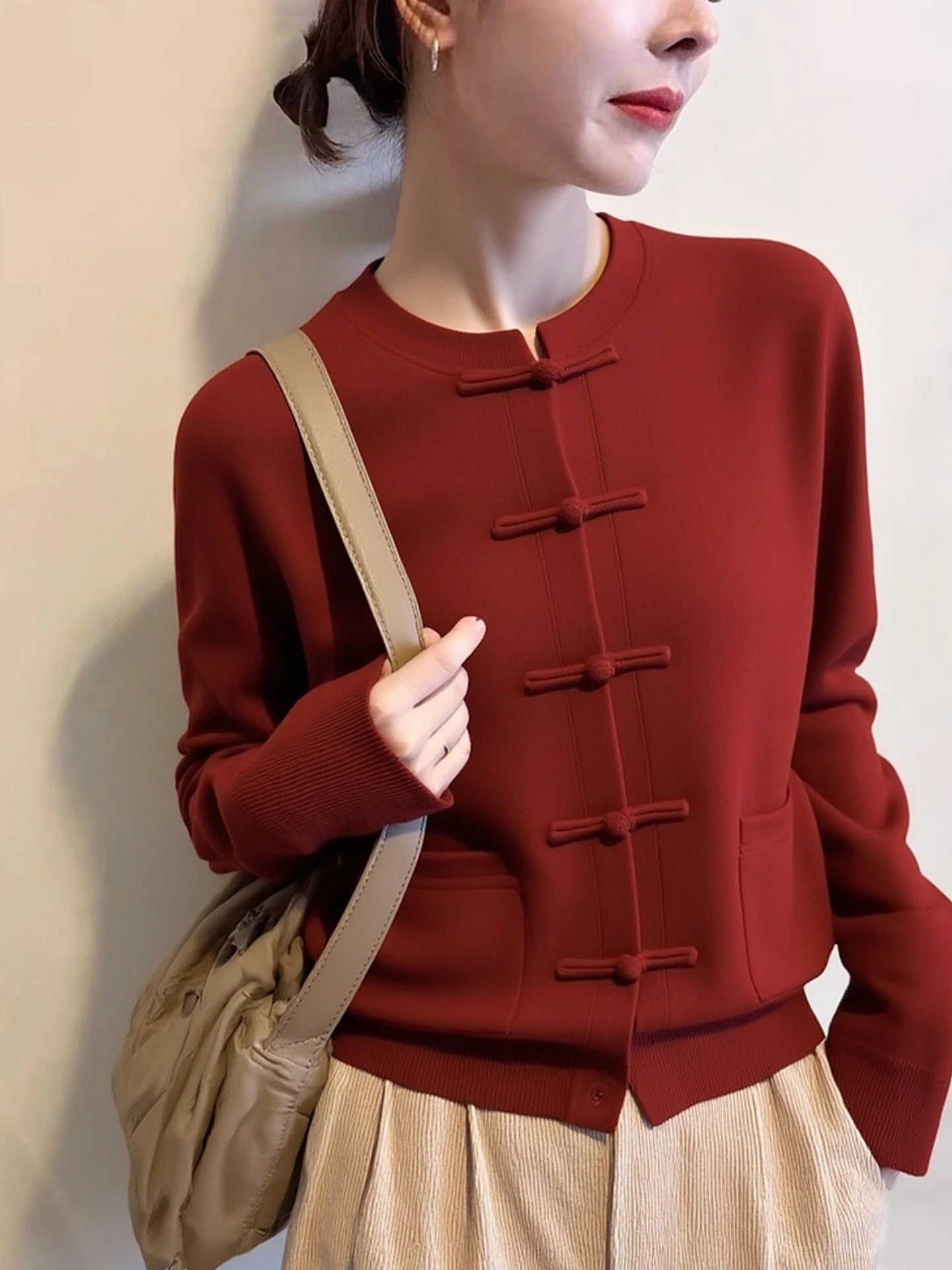 

Red Knitted Sweater with Button round Ne Long Sve Thi Winter Cardigan Chinese Sle for Women Warm And Cozy Winter ...