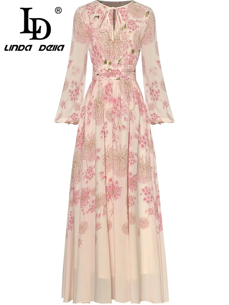 LD LINDA DELLA Women's Elegant Ball Gown Dress Autumn and Winter Long Sleeved High waist Pink Print Big Swing Dresses