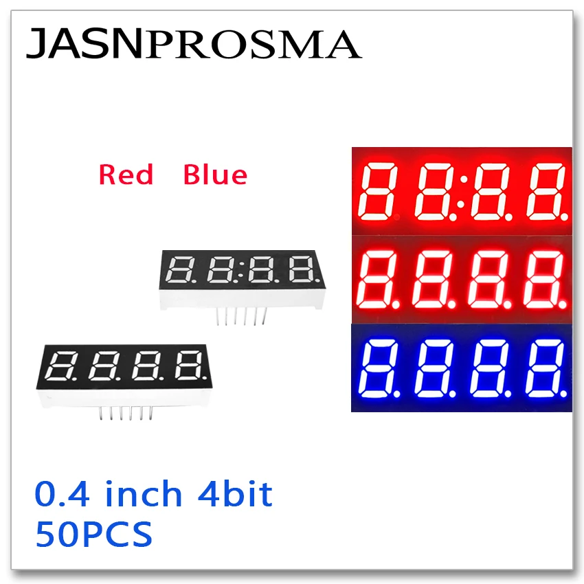 JASNPROSMA 50 قطعة 0.4 بوصة 4 بت أرقام أنبوب أحمر أزرق الكاثود المشترك الأنود LED عرض 0.4 بوصة 7 قطعة 0.4 '0.4in أربعة ساعة
