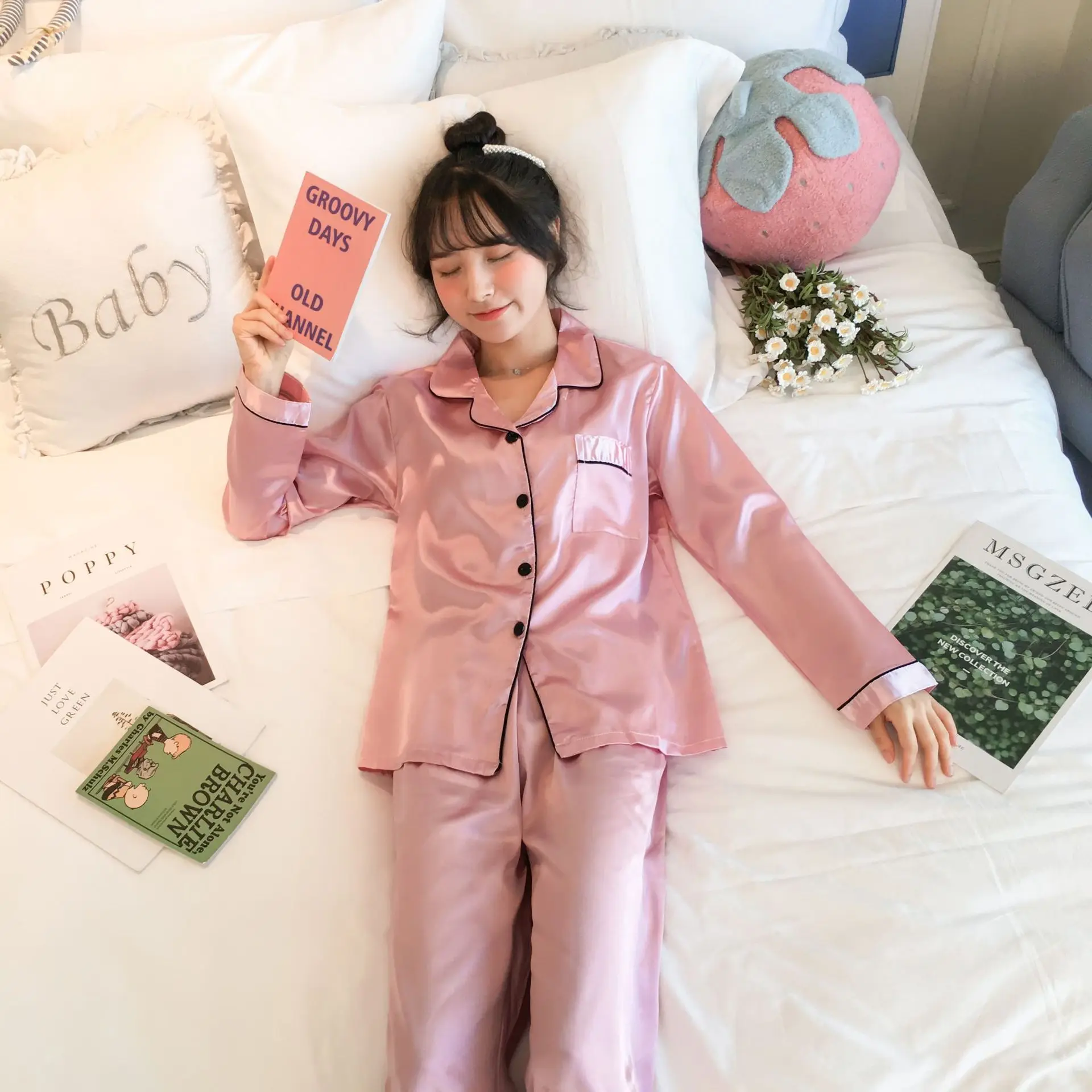 

Женская тонкая домашняя одежда с длинными рукавами на весну и осень, женские пижамы, комплект из двух предметов, шелковый воротник, однотонная женская повседневная одежда для сна