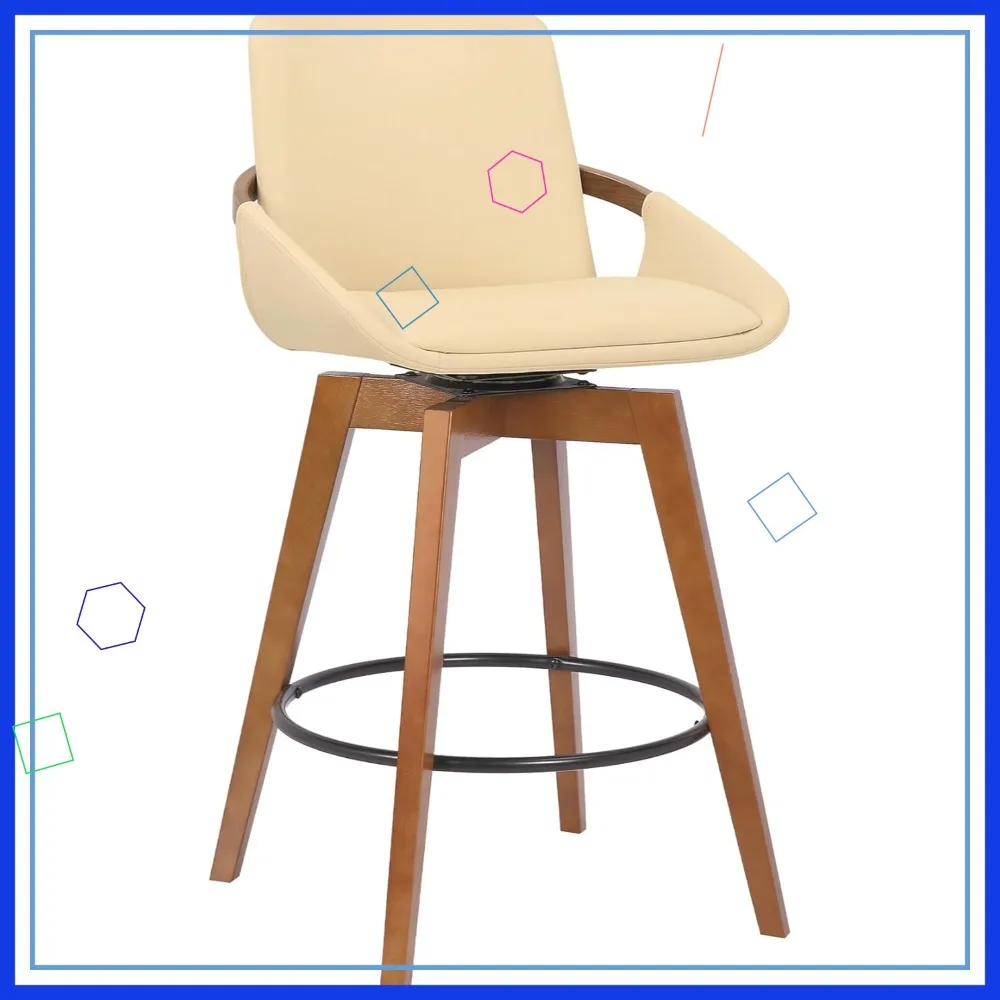 Modern Swivel Bar Stool Kitchen Island Counter Cream Faux Leather Walnut Wood 26" Height Comfortable Durable
